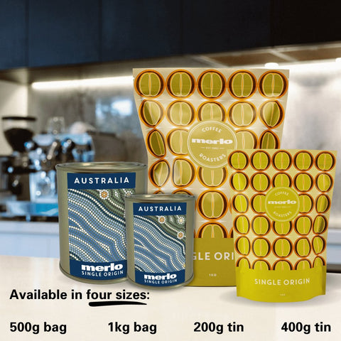 Australia Single Origin Merlo Coffee in bags and tins. Available in four sizes