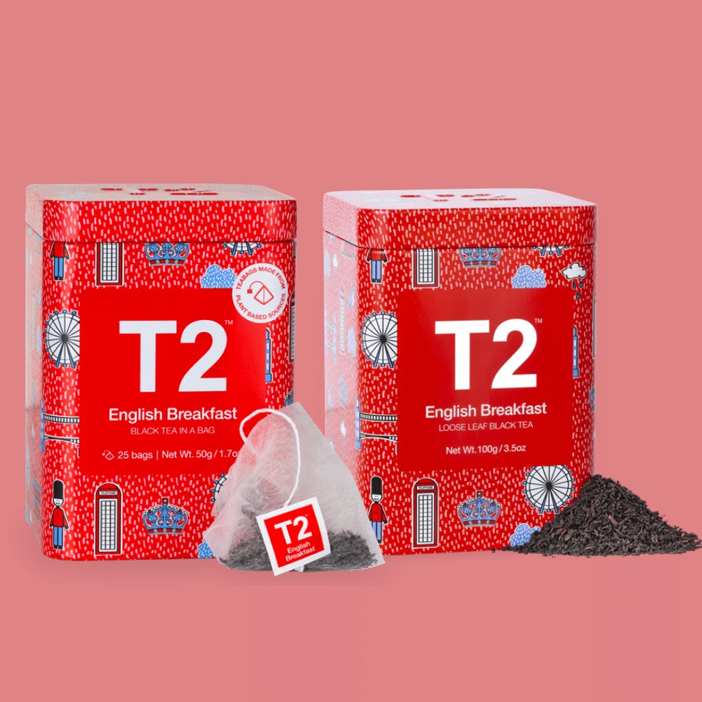 English breakfast t2 merlo coffee in tins for both leaf and bags